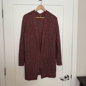 Roots Canada Long Cardigan Women Sz S Burgundy Chunky Knit Open Front Wool Blend